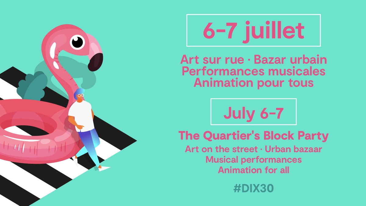Bilingual L’été POP block-party screen for Quartier DIX30