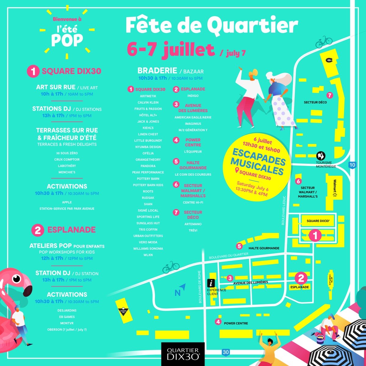 L’été POP programme and site map of Quartier DIX30 for July 6–7